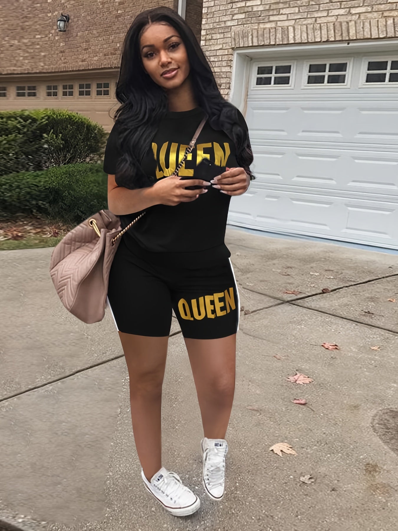 Letter Print Two piece Set Short Sleeve T shirt & High Waist Shorts