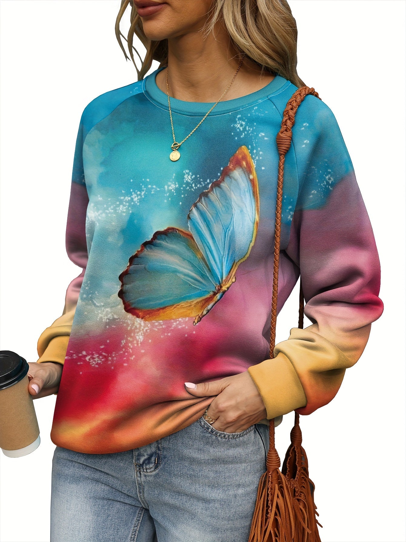 Butterfly Print Sweatshirt Crew Neck For Women