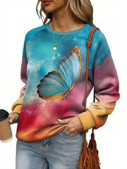 Butterfly Print Sweatshirt Crew Neck For Women