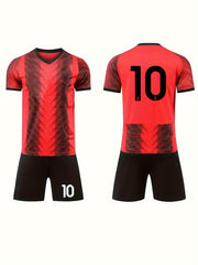 2pcs Boys Red Sports Football Training Outfit Quick Drying T shirt&Shorts
