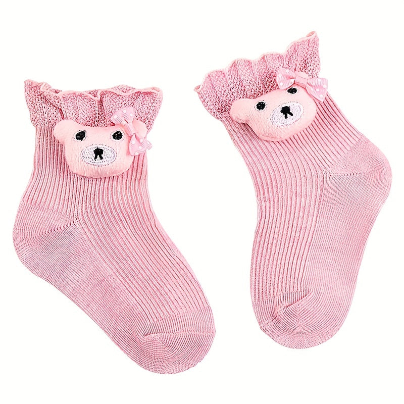 3 Pairs Kids Cotton Socks Bear Solid Breathable Sweat-absorbing