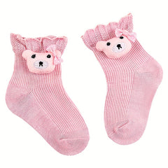 3 Pairs Kids Cotton Socks Bear Solid Breathable Sweat-absorbing