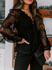 Floral Lace Long Sleeve V Neck Semi Sheer Blouse