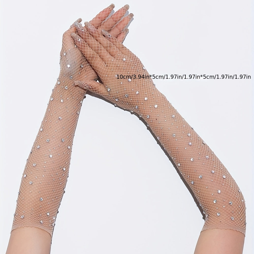 Rhinestone Diamond Mesh Gloves Bungee Stretch Long Full Finger Gloves