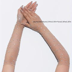 Rhinestone Diamond Mesh Gloves Bungee Stretch Long Full Finger Gloves