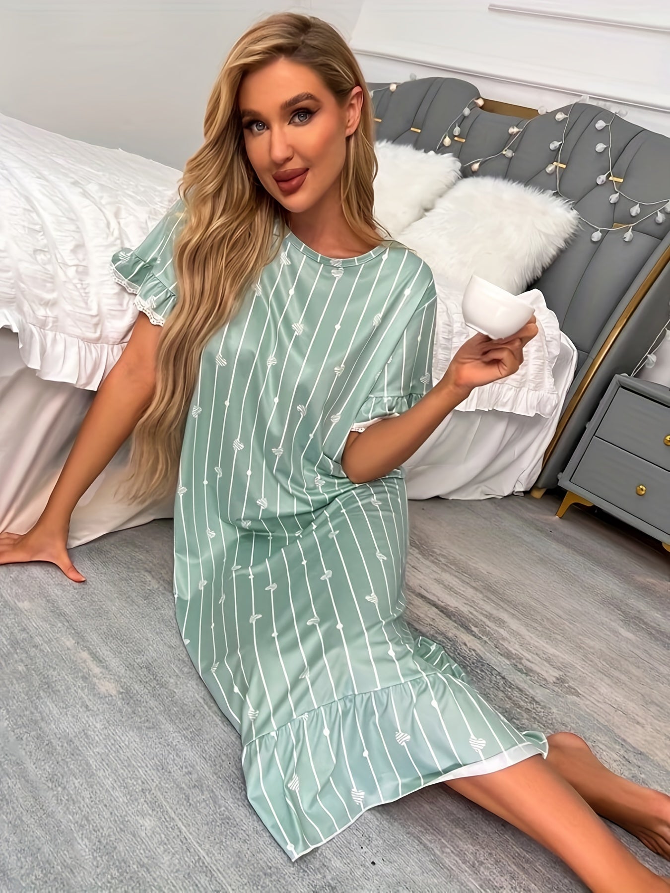 Heart Pattern Striped Nightdress Short Sleeve Ruffle Sleep Dress Women