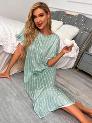 Heart Pattern Striped Nightdress Short Sleeve Ruffle Sleep Dress Women