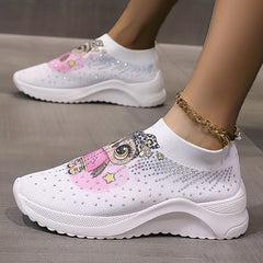 Women's Rhinestone Platform Sneakers Slip On Outdoor Shoes Cut Cartoon Print