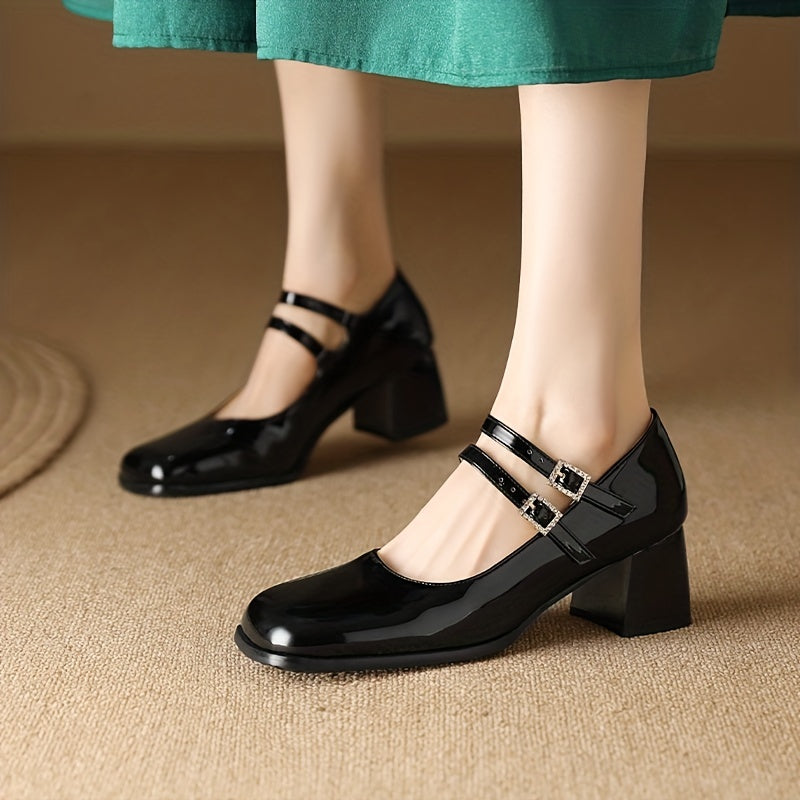 Chunky Heeled Mary Jane Square Toe Double Buckle Strap Mid Heels Patent Leather