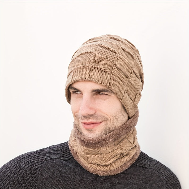 Winter Beanie Hats Scarf Set Knit Hat Neck Warmer Thick Fleece Cap Men Women