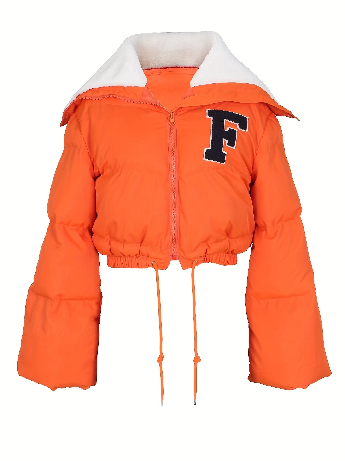 Puffy Warm Coat Zip Front Drawstring Long Sleeve Crop Jacket