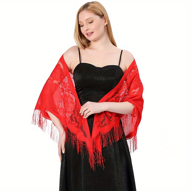 Embroidered Lace Tassel Triangle Scarf Mantilla Head Covering