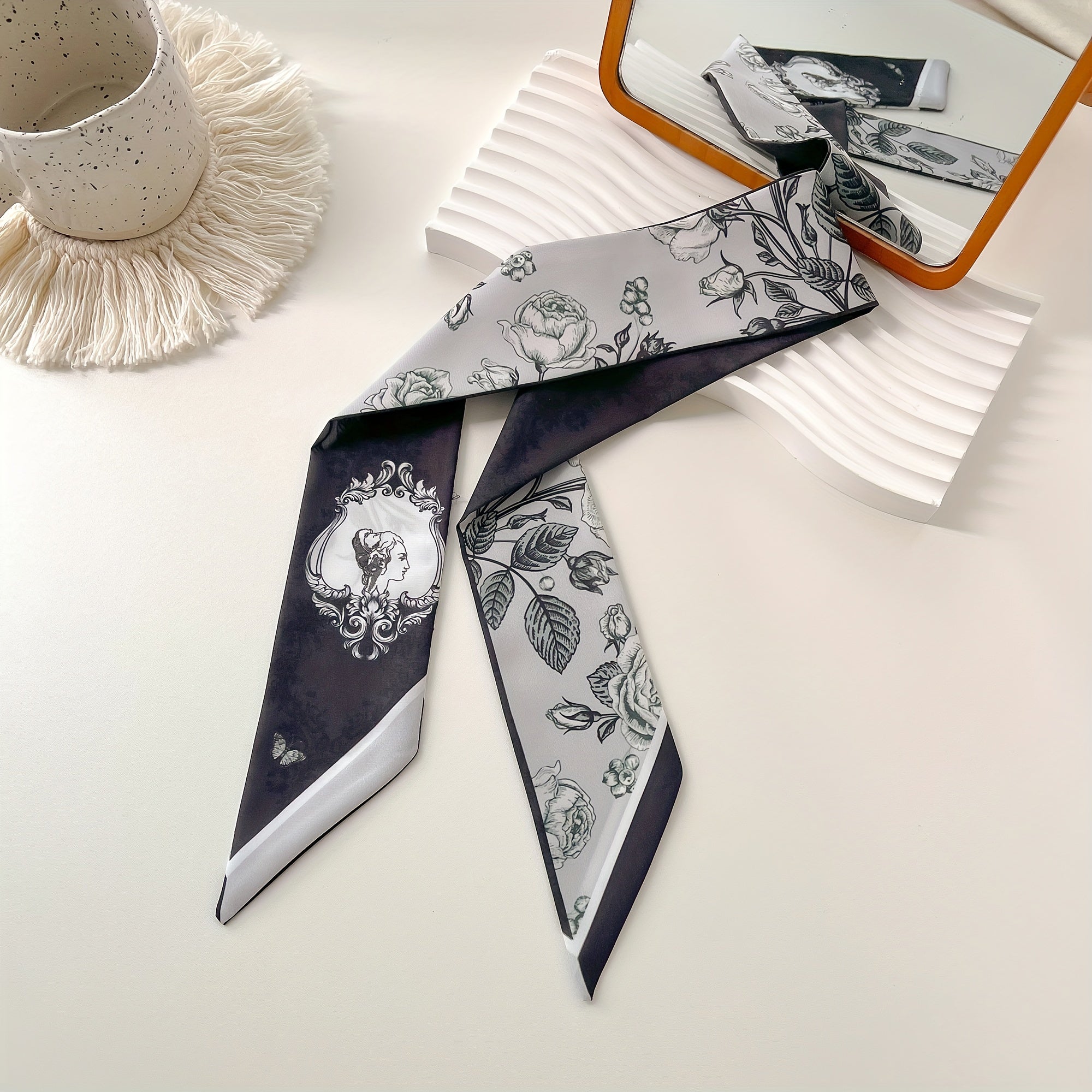 Flower Print Skinny Scarf Double Side Long Ribbon Neckerchief Satin Twilly Scarf