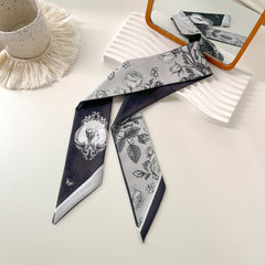 Flower Print Skinny Scarf Double Side Long Ribbon Neckerchief Satin Twilly Scarf