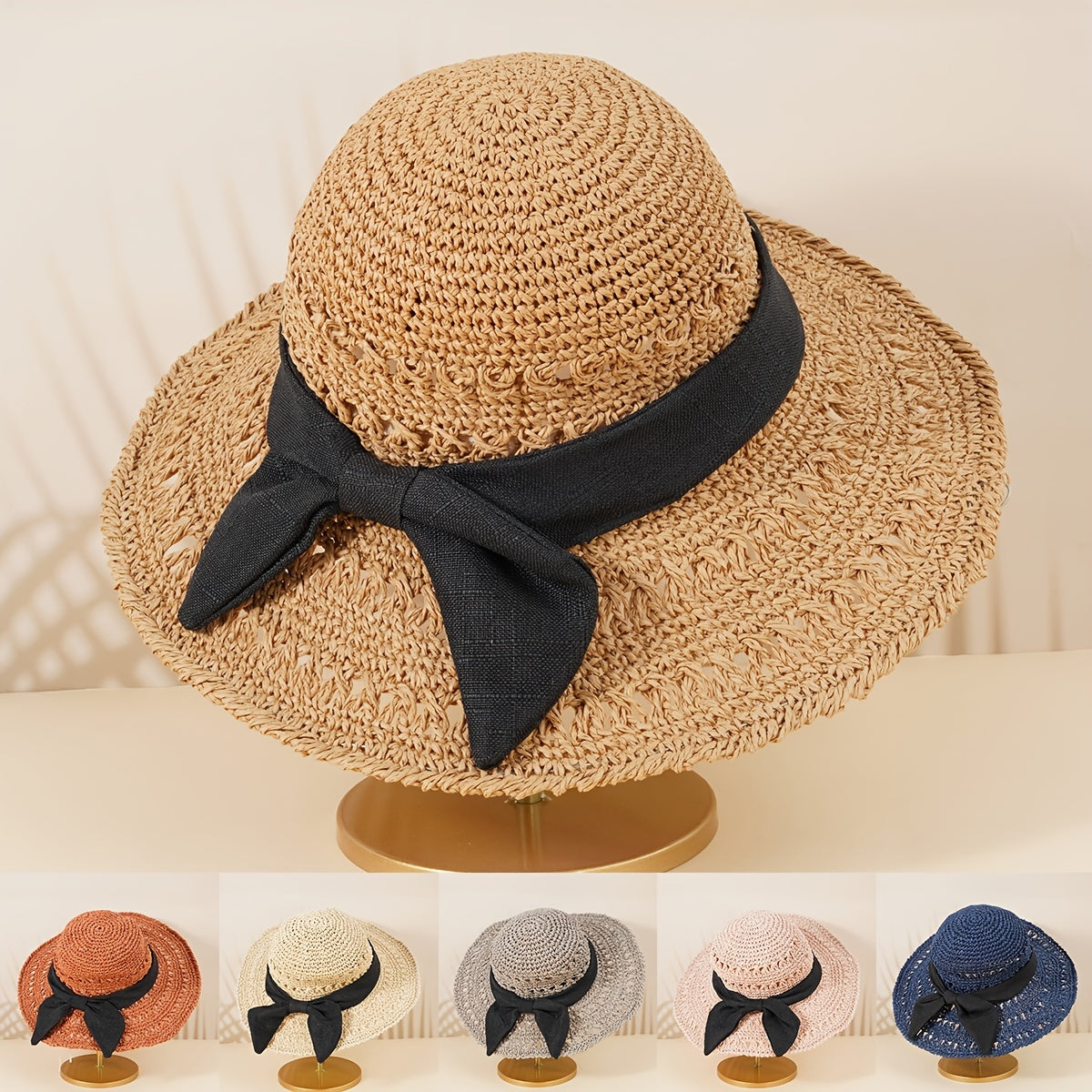 Hollow Crochet Bow Straw Hat Wide Brim Sun Visor Bucket Cap