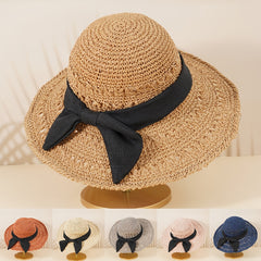 Hollow Crochet Bow Straw Hat Wide Brim Sun Visor Bucket Cap