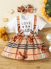 2pcs Girls Casual Bear Bowknot Summer Dress & Headband Set
