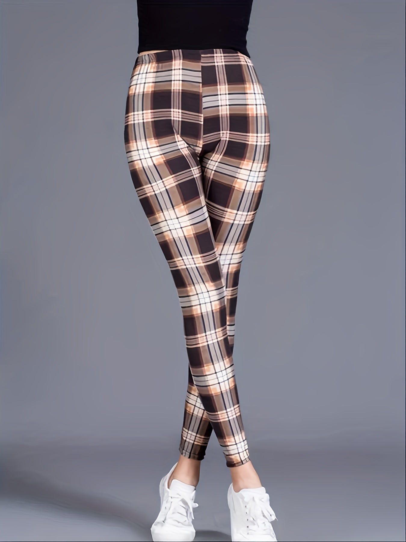 Plaid Print Leggings High Waist Slim Fit Casual Bottoms