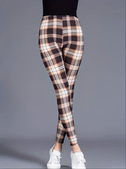 Plaid Print Leggings High Waist Slim Fit Casual Bottoms