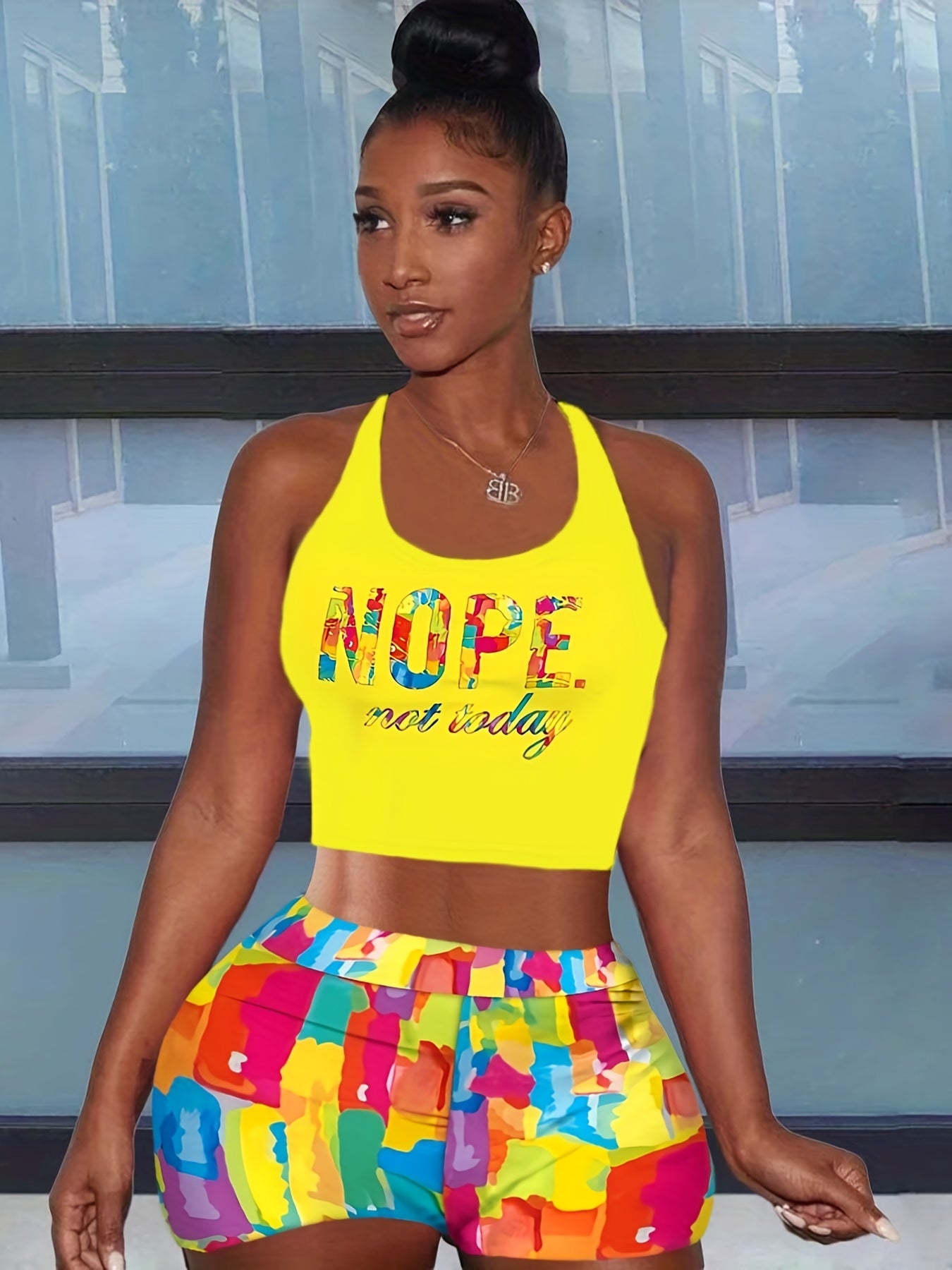 Letter Print Crop Tank Top & Allover Print Biker Shorts Set