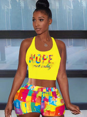 Letter Print Crop Tank Top & Allover Print Biker Shorts Set