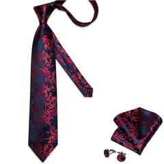 3pcs Mens Tie Wedding Business Red Necktie Hanky Cufflinks Jacquard Necktie