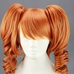 Brown Long Curly Wig With Bangs 2 Ponytail Synthetic Wig Anime Cosplay Wig