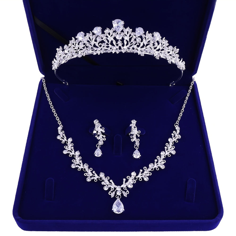 Crystal Leaf Bridal Jewelry Sets Rhinestone Crown Tiaras Necklace Earrings Set