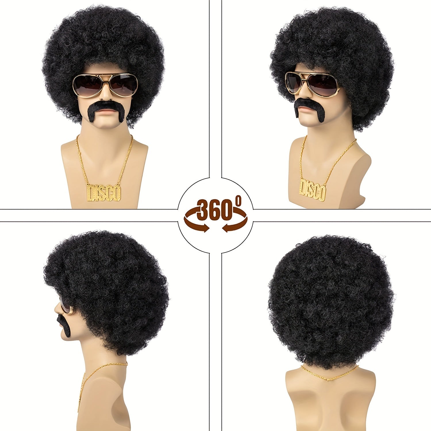70s Fluffy Short Curly Synthetic Hair Wig Set - Men's Disco Costume