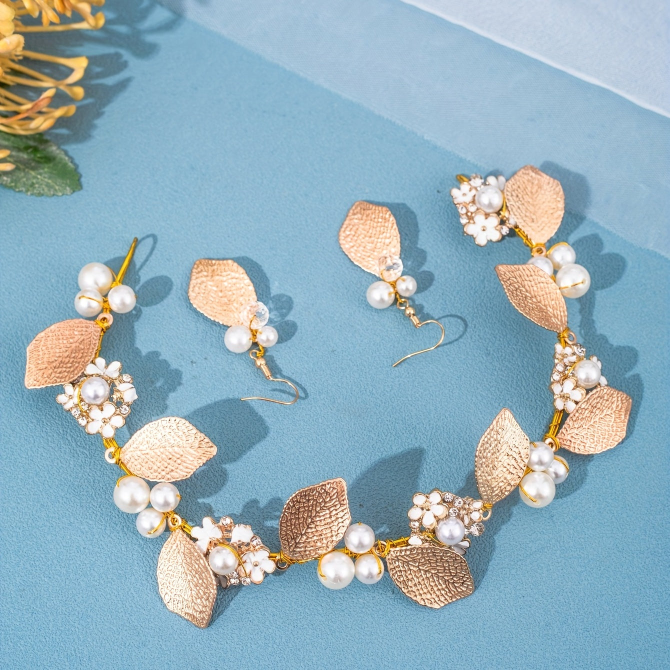 Golden Leaf Hairband & Earrings Bridal Set Headdress Hair Accessory