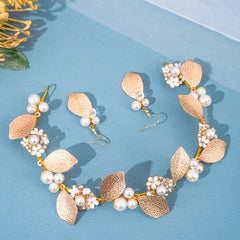 Golden Leaf Hairband & Earrings Bridal Set Headdress Hair Accessory
