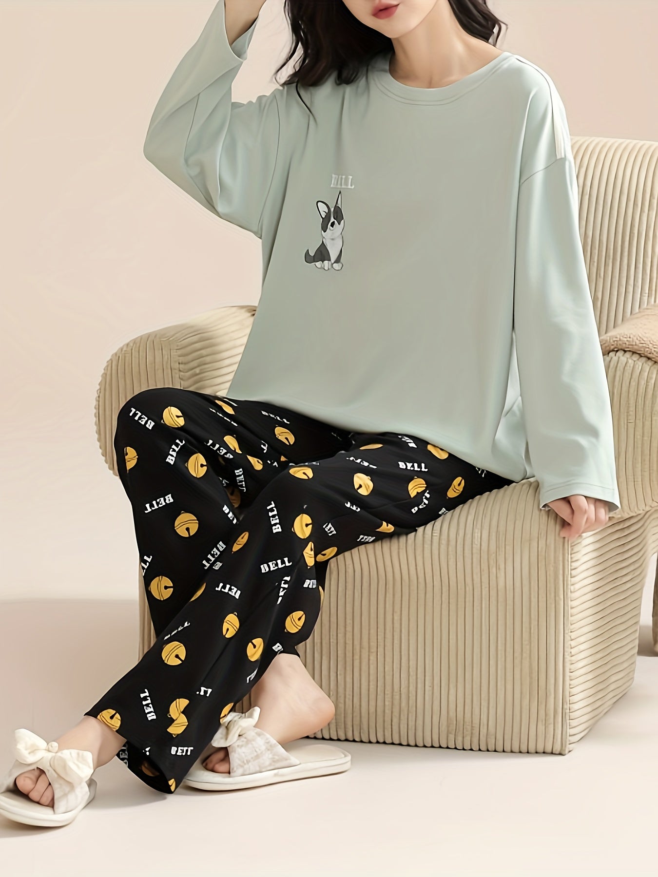 Cartoon Dog Print Pajama Set Long Sleeve Top & Pants Women's Sleepwear