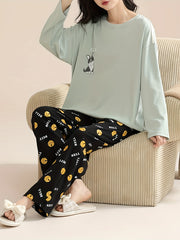 Cartoon Dog Print Pajama Set Long Sleeve Top & Pants Women's Sleepwear