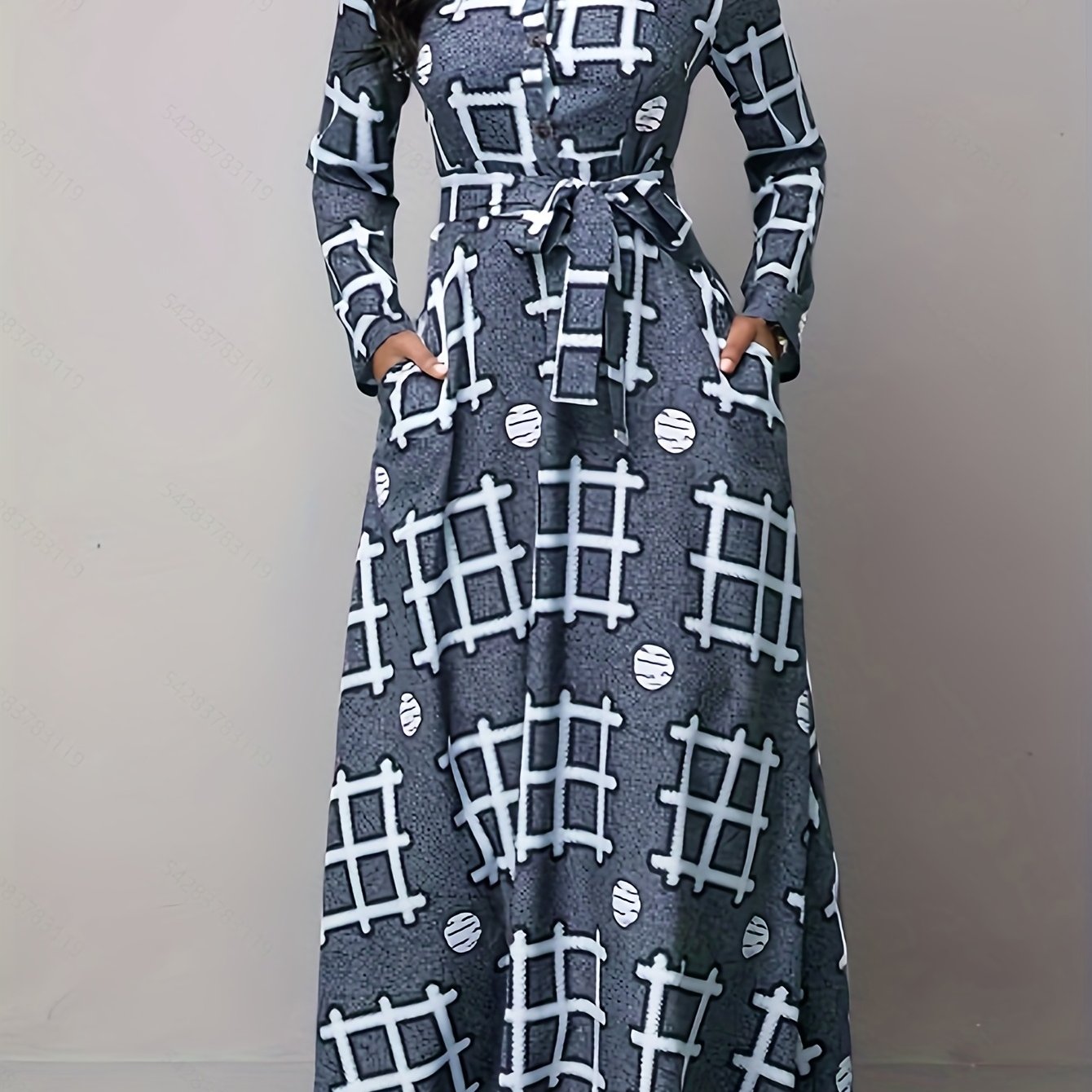 Geometric Print Button Up Maxi Shirt Dress