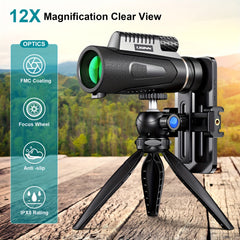 12x50 Monocular Telescope with Smartphone Holder, Upgraded Tripod