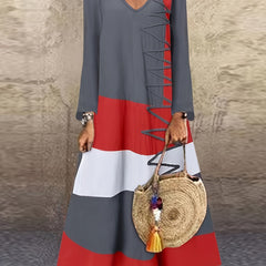 Colorblock Long Sleeve V Neck Maxi Dress