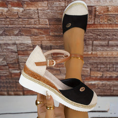 Women's Colorblock Casual Sandals Ankle Strap Buckle Wedge Shoes
