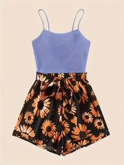 Spring & Summer 2pc Set Spaghetti Top & Floral Shorts Women's Clothing