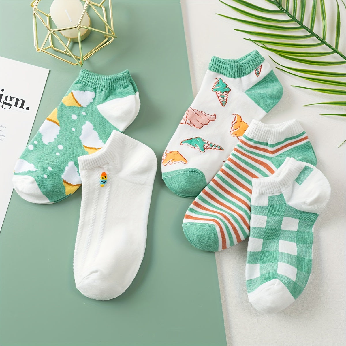 5 Pairs Ice Cream & Striped Ankle Socks Women's Stockings