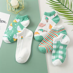 5 Pairs Ice Cream & Striped Ankle Socks Women's Stockings