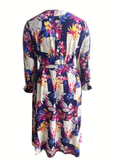 Plus Tropical Print Flounce Sleeve Maxi Dress With Belt