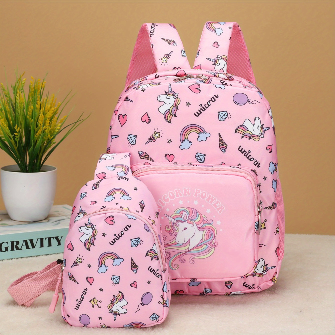 Kids Unicorn Rainbow Pattern Backpack & Crossbody Bag Set