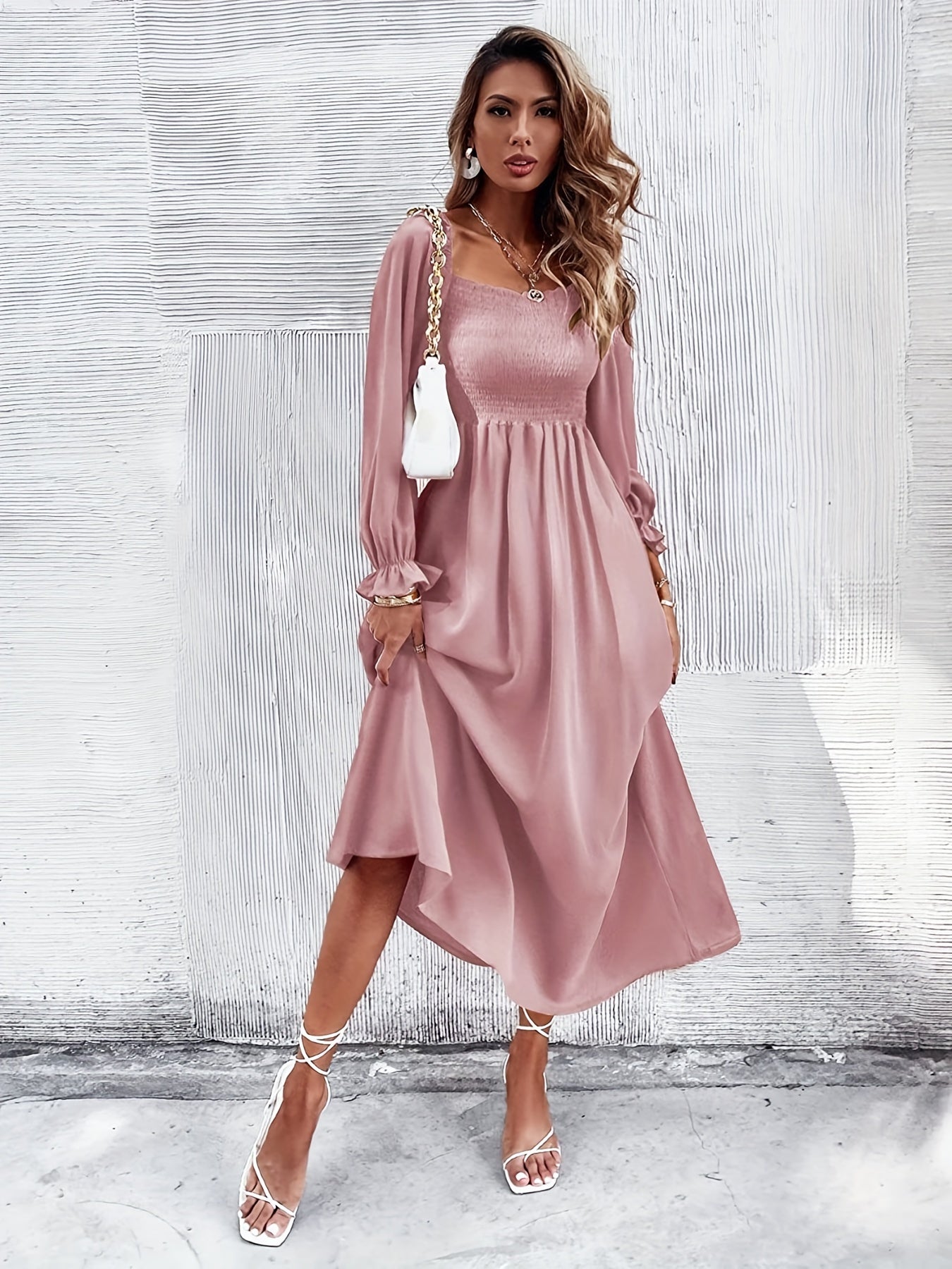 Solid Squared Neck Maxi Dress Ruffle Trim Shirred Long Sleeve