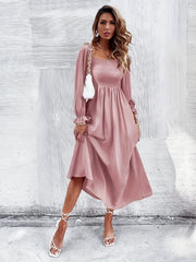 Solid Squared Neck Maxi Dress Ruffle Trim Shirred Long Sleeve