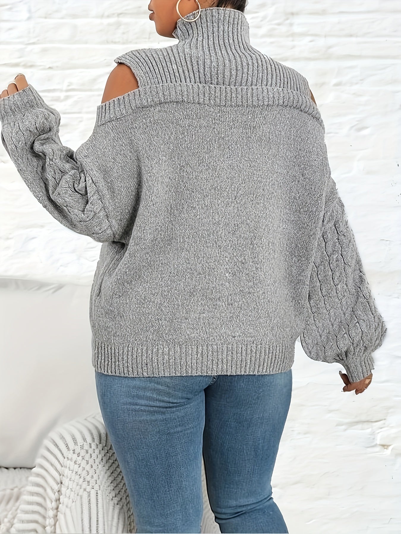 Solid Jacquard Cut Out Lantern Sleeve High Neck Sweater