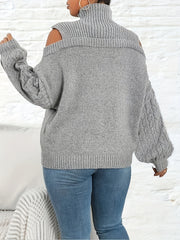 Solid Jacquard Cut Out Lantern Sleeve High Neck Sweater