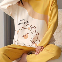 Bear Print Pajama Set Long Sleeve Top & Pants Women's Sleepwear
