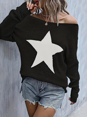 Star Pattern Crew Neck Pullover Sweater for Women