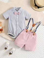 2pcs Baby Boys Gentleman Set Bowtie Shirt Onesie & Suspender Shorts