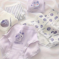 5 Pcs Strawberry & Rabbit Briefs & Ribbed Cotton Bikini Panties